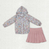 Floral Hoodie Zipper Pink Pleated Athletic Shorts Girls Skirt Sets