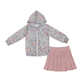 Floral Hoodie Zipper Pink Pleated Athletic Shorts Girls Skirt Sets