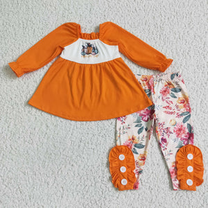 Promotional Pumpkin Floral Orange Girls Long Sleeve+Trousers Sets