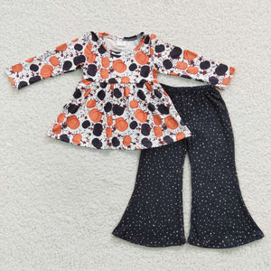 Orange Pumpkin Black Girls Long Sleeve+Trousers Sets