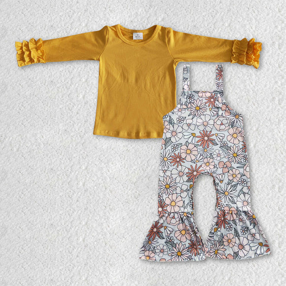 Solid Yellow Top Floral Girls Overalls Sets