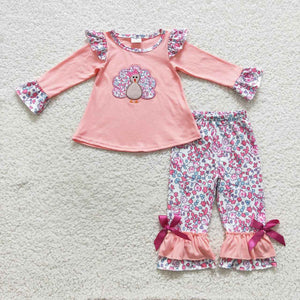 Turkey Floral Pink Ruffles Girls Thanksgiving Outfits