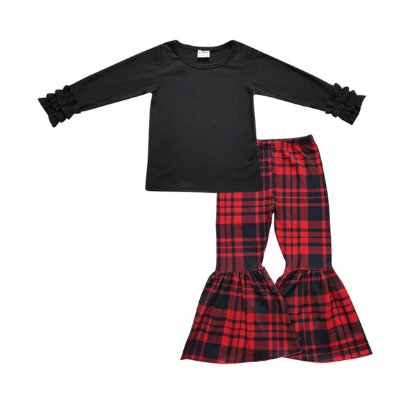 Ruffles Solid Black Red Plaid Girls Christmas Outfits