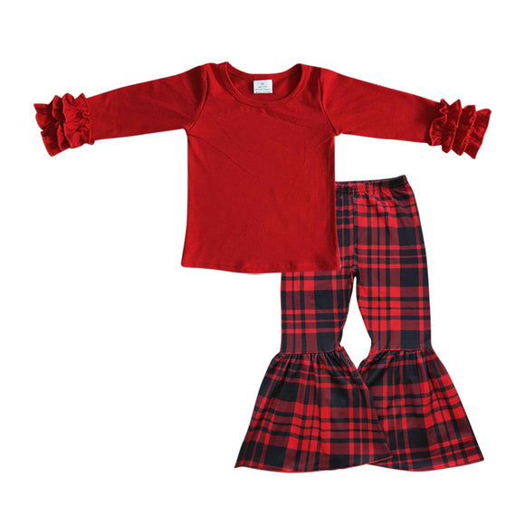 Ruffles Solid Red Black Plaid Girls Christmas Outfits