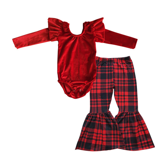 (3-6M-5-6T) Solid Velvet Red Black Plaid Girls Christmas Outfits