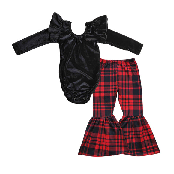 (3-6M-5-6T) Solid Velvet Black Red Plaid Girls Christmas Outfits