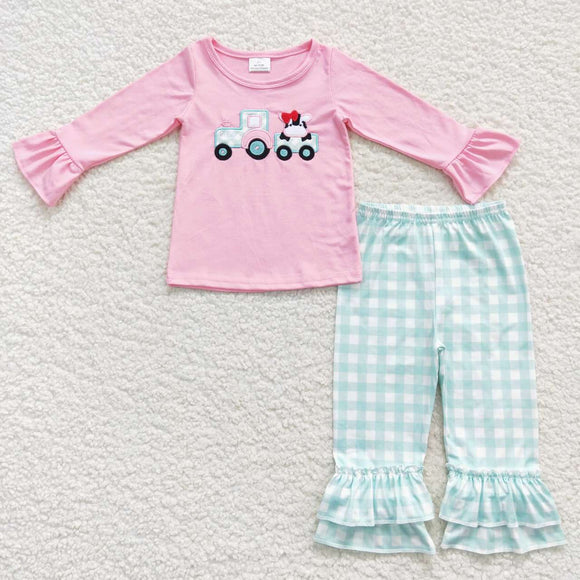 Cow Truck Plaid Pink Girls Long Sleeve+Trousers Sets