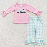 Cow Truck Plaid Pink Girls Long Sleeve+Trousers Sets