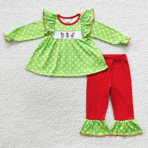 Cartoon Polka Dots Green Red Girls Christmas Outfits