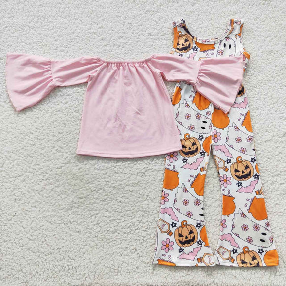 Ghost Floral Pink Overalls Sets Girls Halloween Outfits