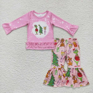 Cartoon Pink Ruffles Girls Christmas Outfits