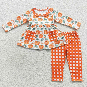 Pumpkin Orange Plaid Girls Long Sleeve+Trousers Sets