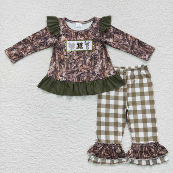 Turkey Boots Deer Plaid Jungle Hunting Girls Long Sleeve+Trousers Sets