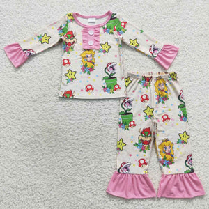 Cartoon Princess Pink Ruffles Girls Long Sleeve Pajamas