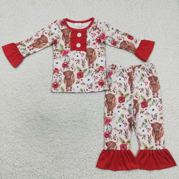 Highland Cow Floral Red Ruffles Girls Christmas Pajamas