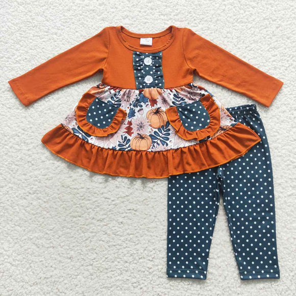 Pumpkin Floral Pockets Brown Green Girls Long Sleeve+Trousers Sets