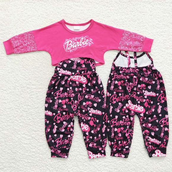 Cartoon Dolls Black Jumpsuit Hot Pink Girls Long Sleeve+Trousers Sets