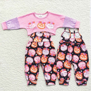 Smile Pumpkin Floral Jumpsuit Girls Halloween Outfits