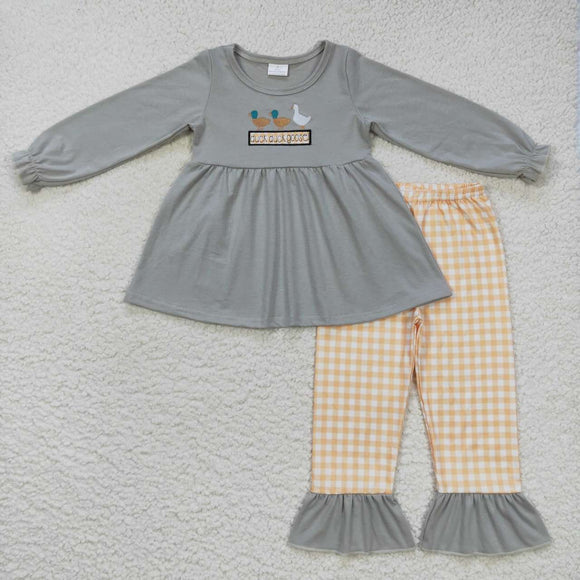 Duck Goose Plaid Gray Girls Long Sleeve+Trousers Sets