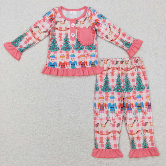 Cartoon Soliders Plaid Pink Ruffles Girls Christmas Pajamas