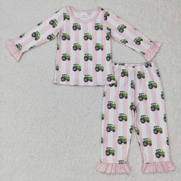 Tractor Stripe Pink Girls Long Sleeve Pajamas