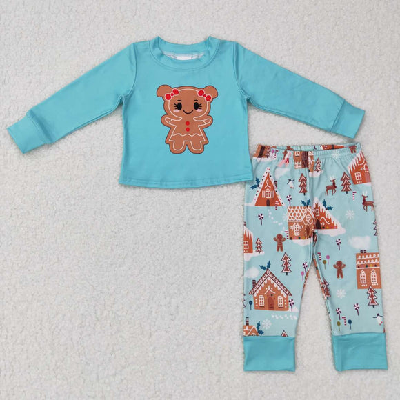 Gingerbread Blue Girls Christmas Pajamas