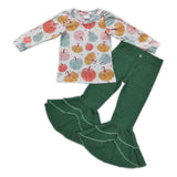 Pumpkins Double Ruffles Green Denim Girls Long Sleeve+Trousers Sets