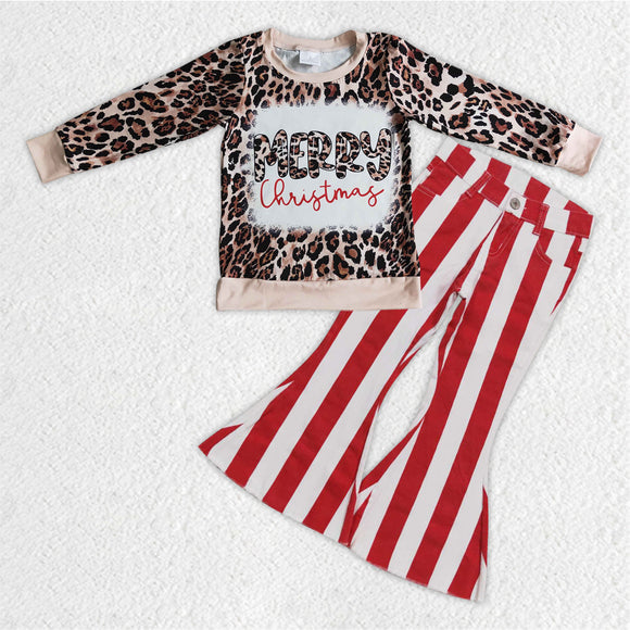 Merry Leopard Red White Stripe Denim Girls Christmas Outfits