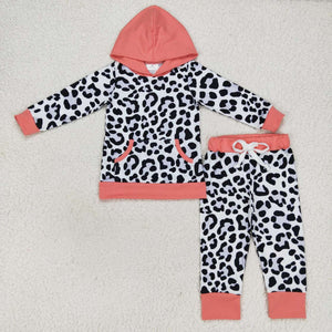 Leopard Print Pink White Girls Fall Hoodie Sets