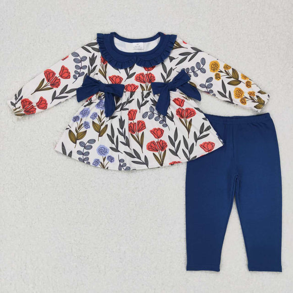 Floral Navy Ruffles Bows Girls Long Sleeve+Trousers Sets