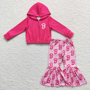 Cartoon Dolls Hot Pink Hoodie Crop Top Girls Long Sleeve+Trousers Sets