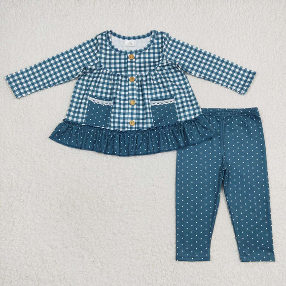Plaid Polka Dots Pockets Blue Girls Christmas Outfits