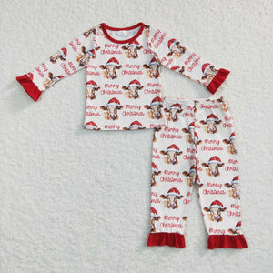 Merry Cow Red Beige Girls Christmas Pajamas