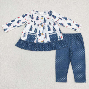 Trees Polka Dots Pockets Blue White Girls Christmas Outfits