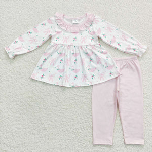 Swan Bows Pink Ruffles White Girls Christmas Outfits