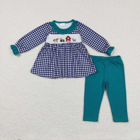 Farm Animals Plaid Blue Girls Christmas Outfits