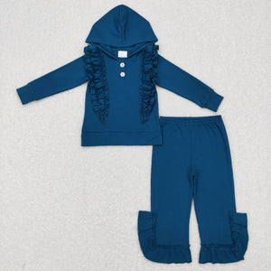 Solid Blue Ruffles Girls Fall Hoodie Sets