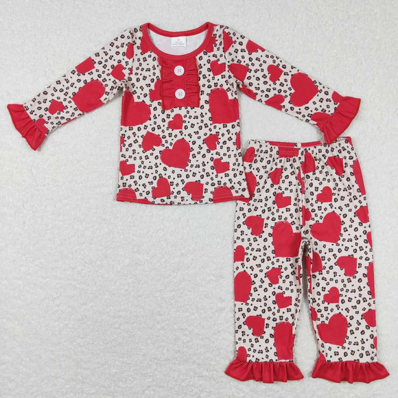 Heart Leopard Print Red Ruffles Girls Valentines Pajamas