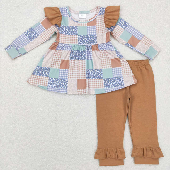 Plaid Brown Ruffles Girls Long Sleeve+Trousers Sets