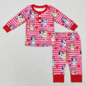 Cutie Cartoon Dogs Red Pink Stripe Boys Valentines Pajamas