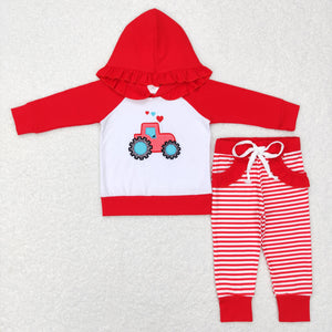 Heart Tractor Stripe Red Ruffles Hoodie Girls Valentines Outfits