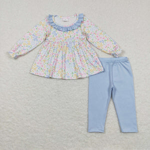 Colorful Floral Blue Ruffles Girls Long Sleeve+Trousers Sets