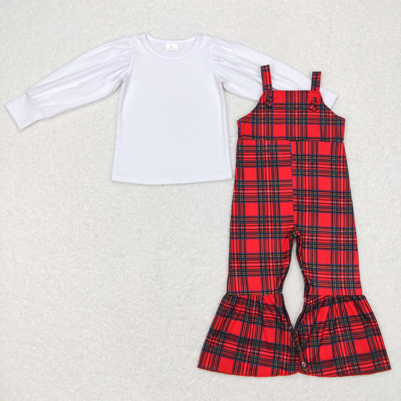 White Top Red Black Plaid Suspender Pants Sets Girls Christmas Outfits