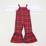 White Top Red Black Plaid Suspender Pants Sets Girls Christmas Outfits