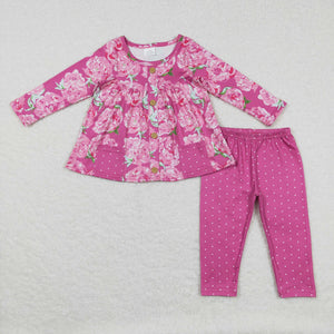 Floral Pockets Hot Pink Girls Long Sleeve+Trousers Sets