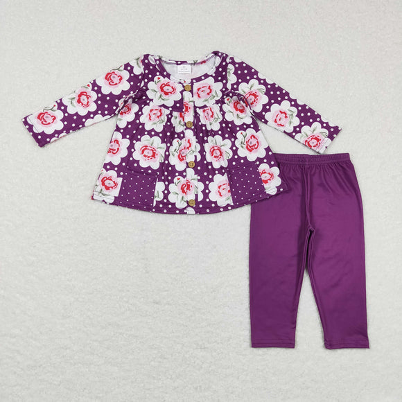 Floral Polka Dots Purple Girls Long Sleeve+Trousers Sets