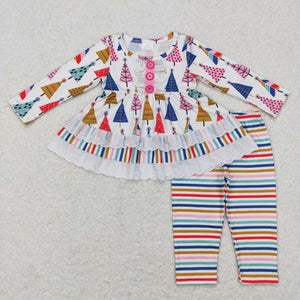 Trees Lace Ruffles Colorful Stripe Girls Christmas Outfits