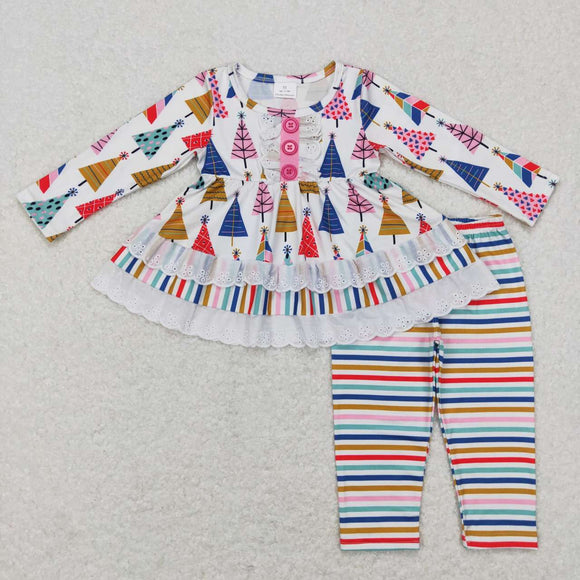 Trees Lace Ruffles Colorful Stripe Girls Christmas Outfits