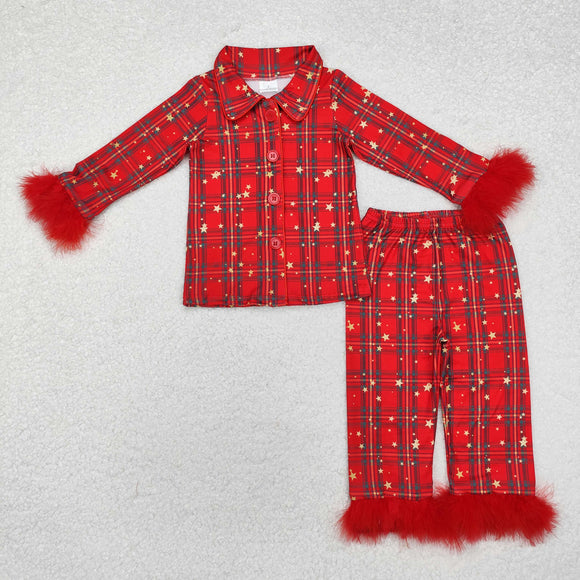 Stars Plaid Red Furry Decoration Girls Christmas Pajamas