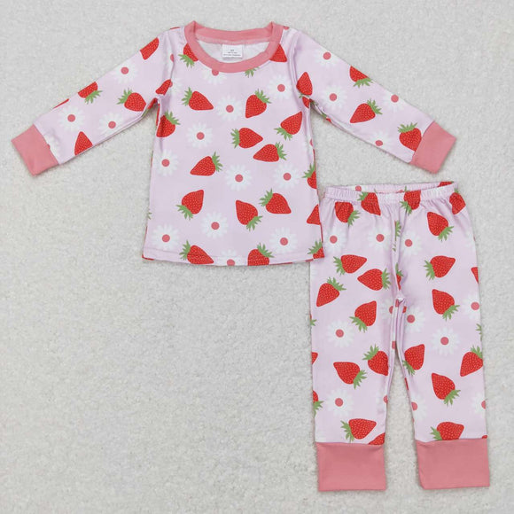 Strawberry Floral Pink Girls Long Sleeve Pajamas